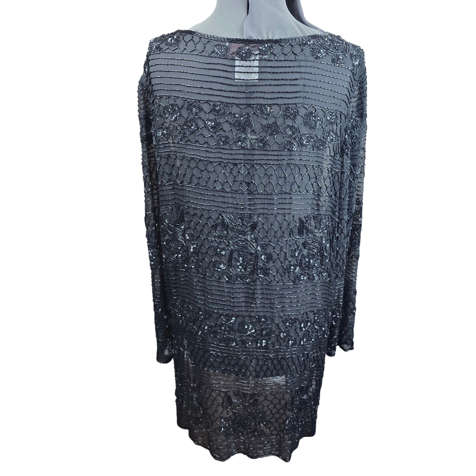Vintage Adrianna Papell Evening Silk Beaded Sequined Top Tunic Sheer Black XL