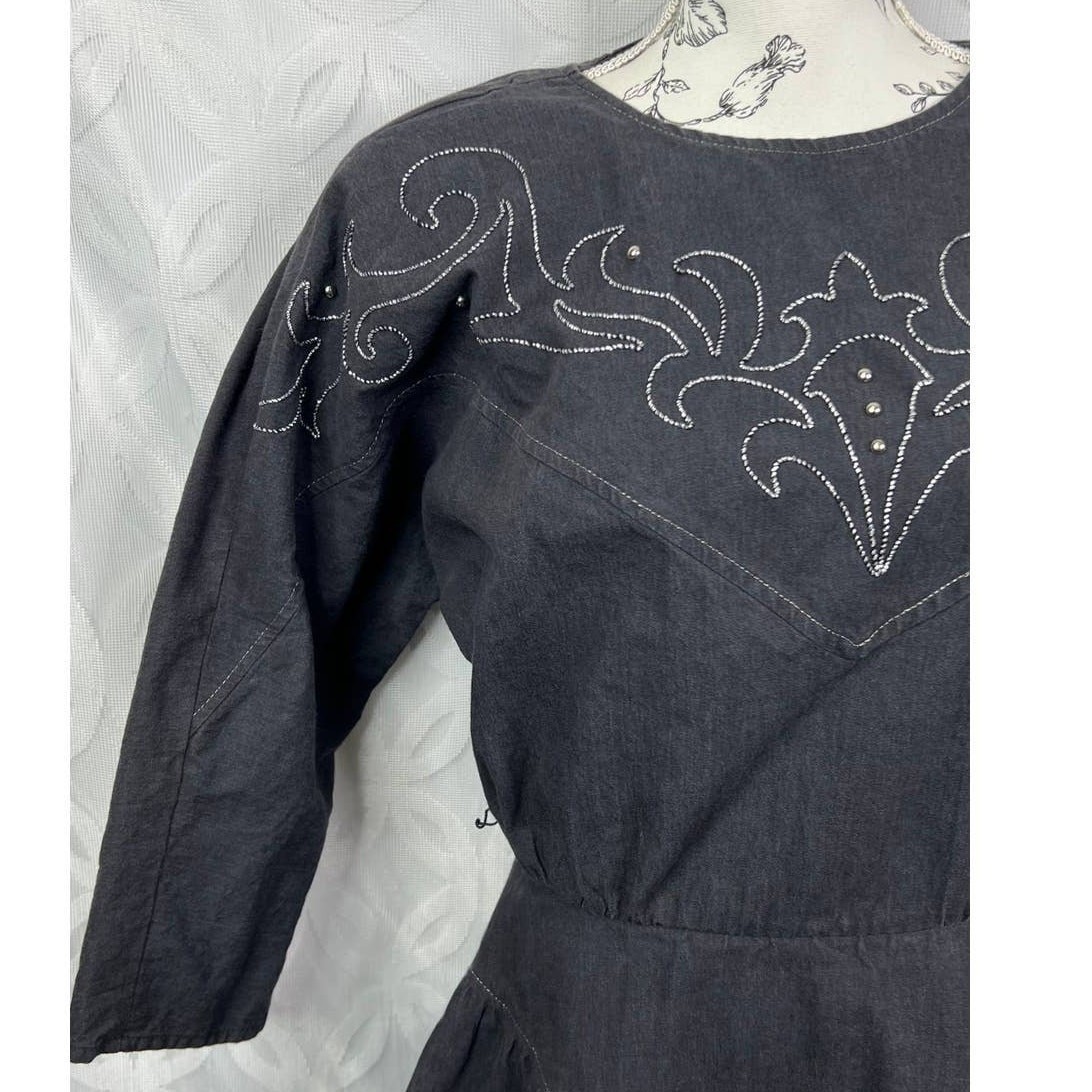Vintage PG Collections Ginger Bort Black Denim Western Midi Dress Size 10