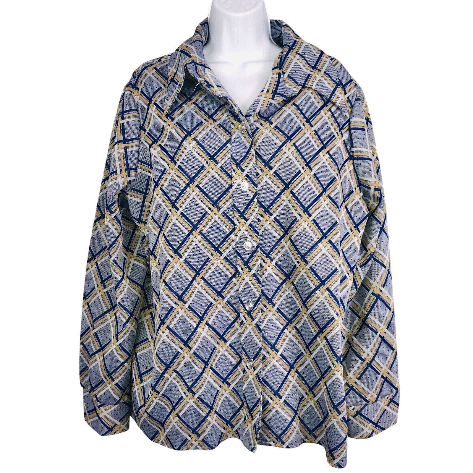 Vintage 70s Shirt Top Womens L Blue Yellow Check Double Knit Polyester