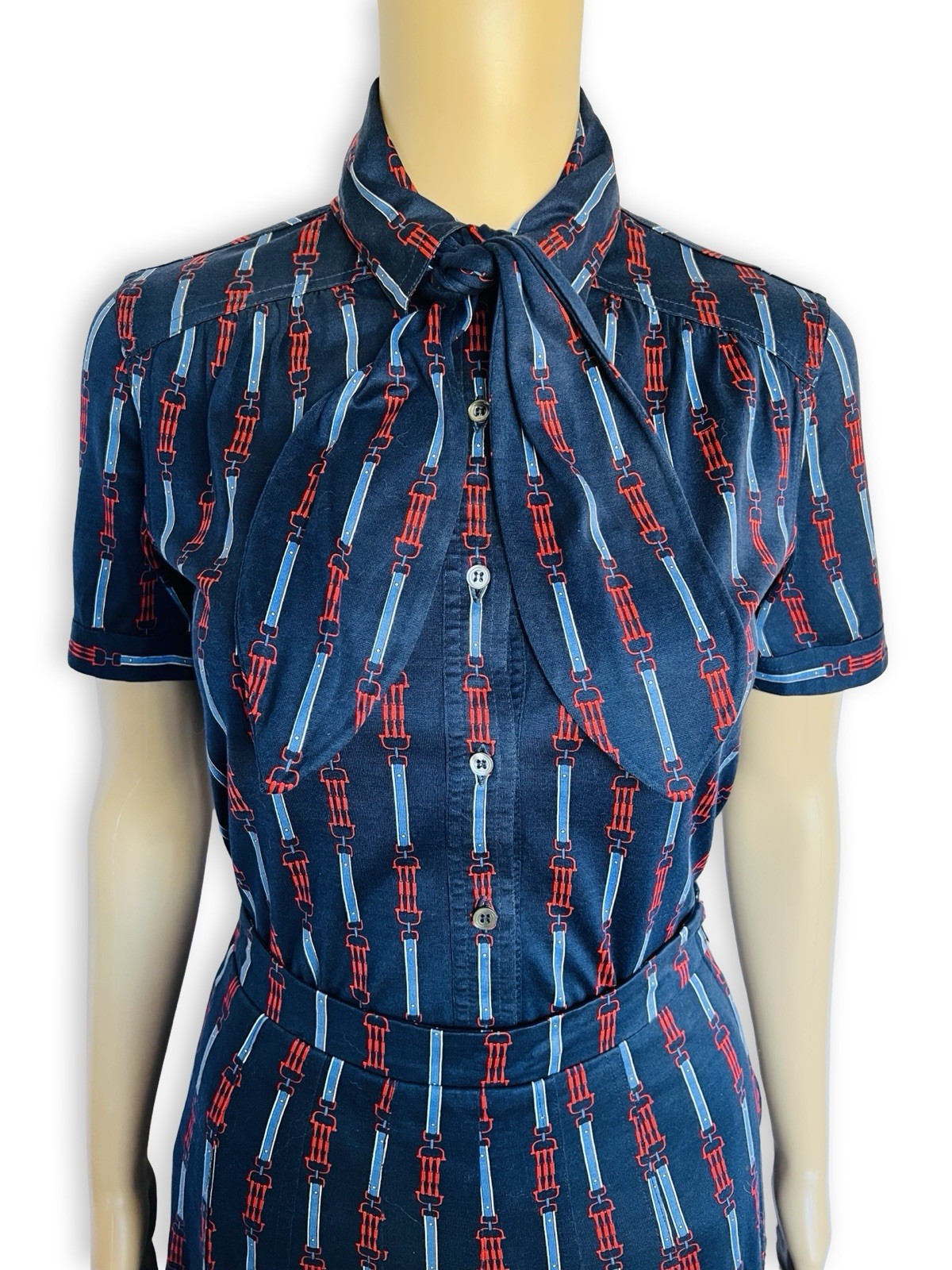 Vintage CÉLINE 1970s Equestrian Print Cotton Dress Two Piece Blouse Skirt Set XS