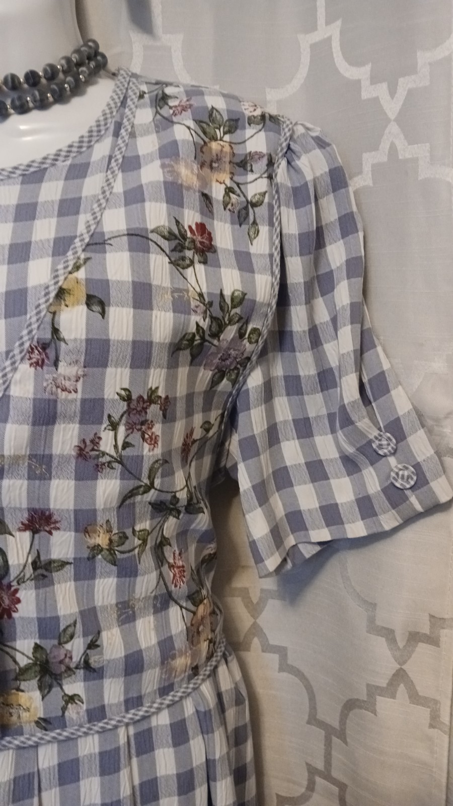 Vintage J.B.S. Ltd. Gingham Maxi Dress Floral Tie-Back Vest Blue Light Size 12.