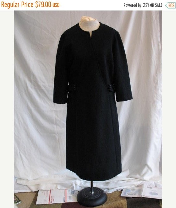 Vintage 1960’s Black Day Dress in Textured Polyester Knit Stoner Square