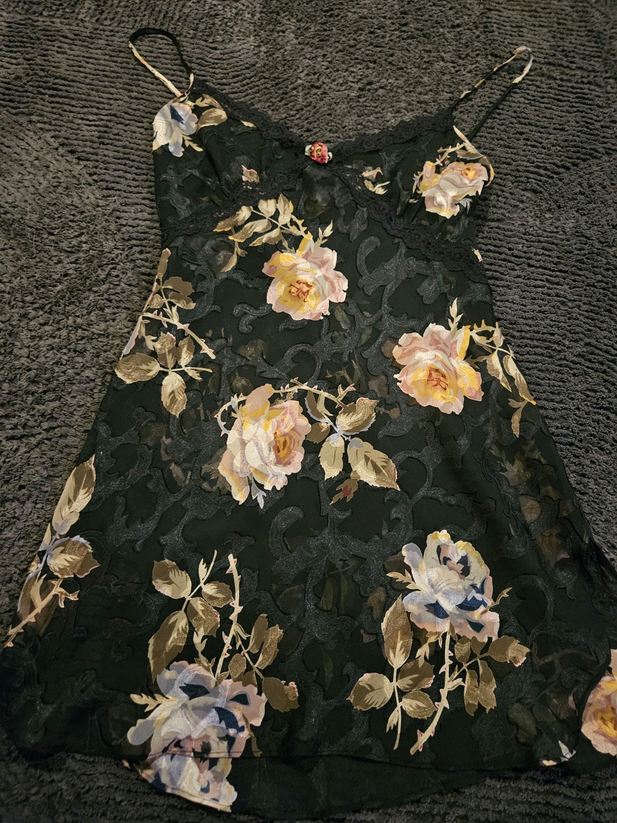 Vintage 90s black floral slip sheer mesh fabric intricate rose Lace bodice Large