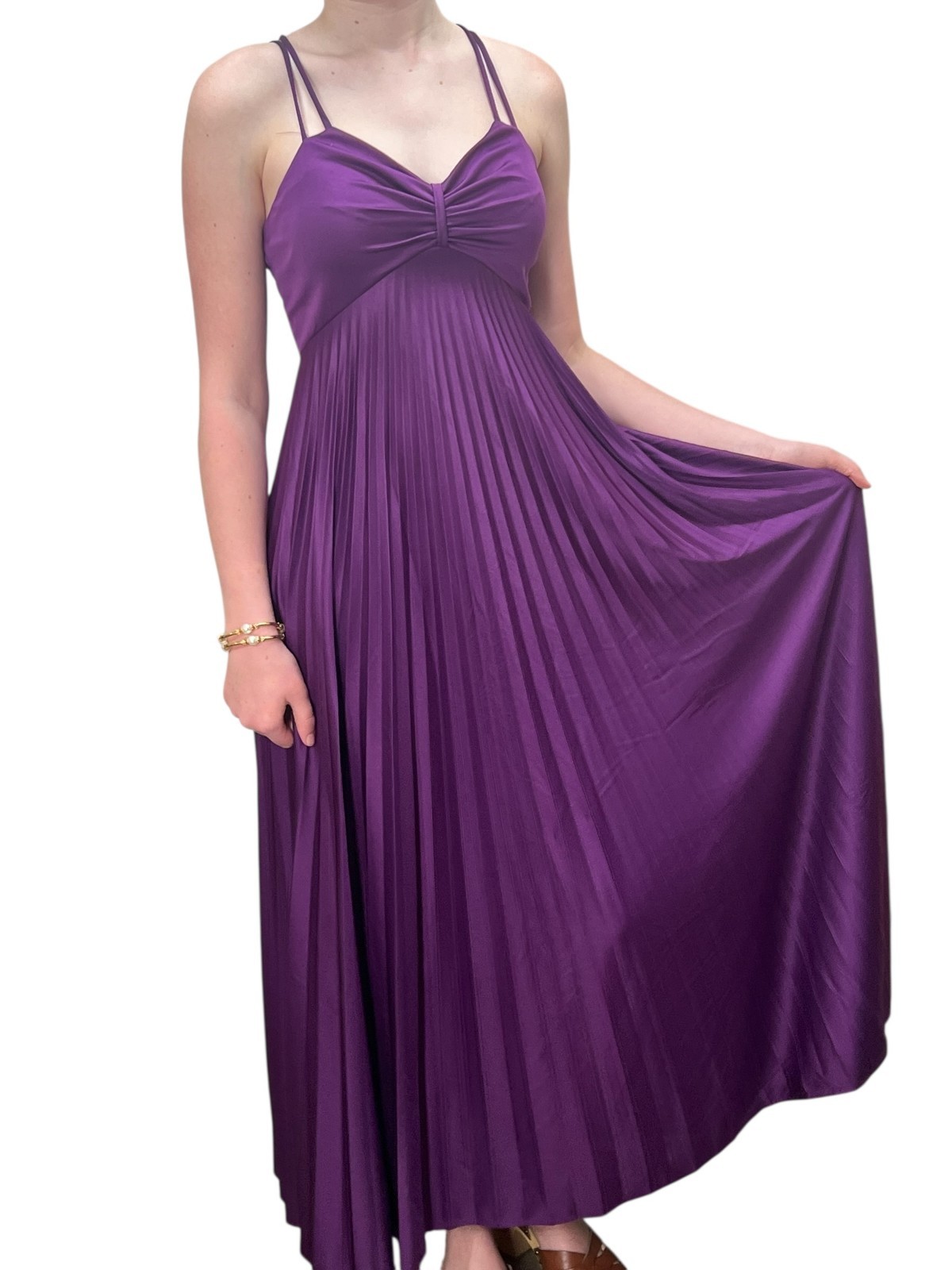Vtg 70s S Empire Maxi Dress PURPLE Knife Pleated Skirt Double Spaghetti Strap