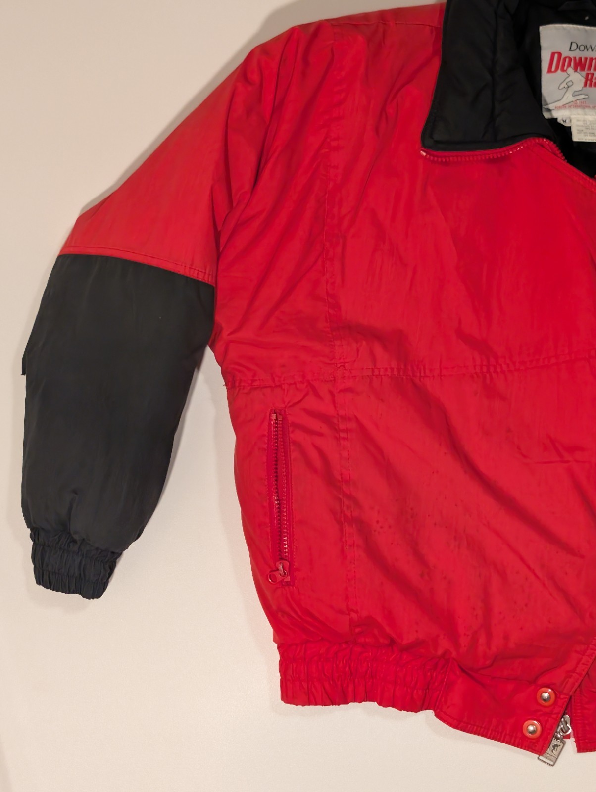 Vintage Down Fill Downhill Racer Ski Jacket Red White Blue Color Block Geometic