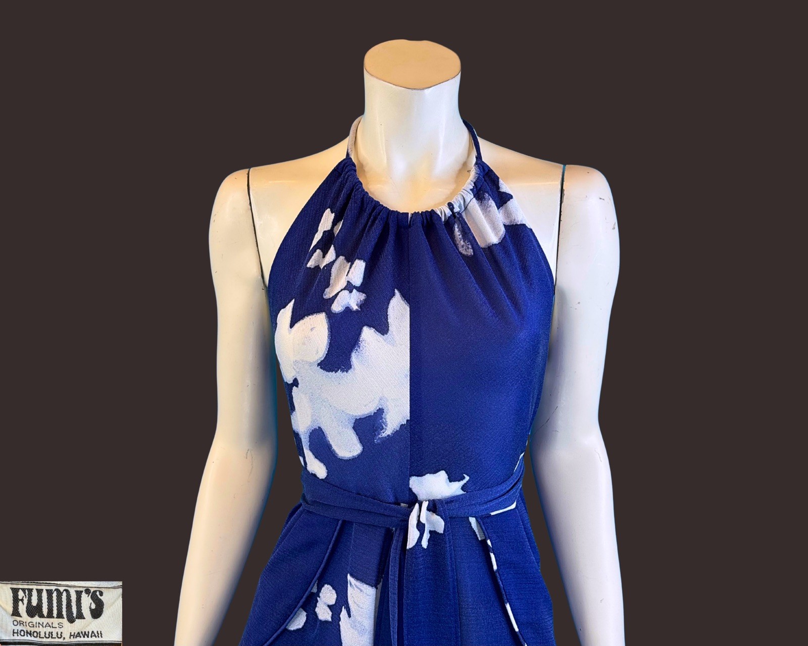 Vintage 1970s FUMI’S Hawaii Blue Floral Halter Maxi Dress | XS S M