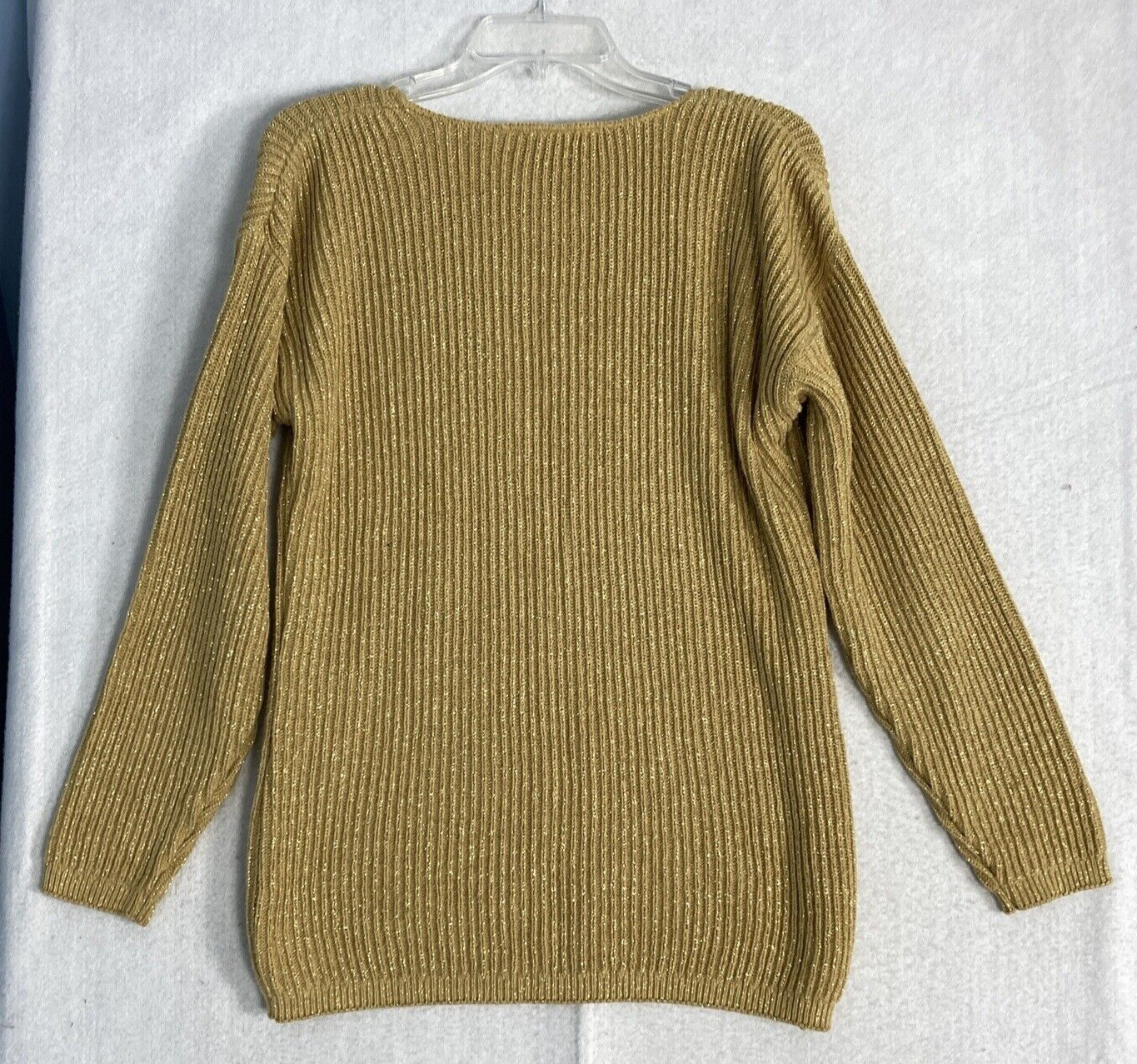 VTG Gold Ribbed Sweater Knit Womens Size M USA Knit Stitches Metallic L/S 90s