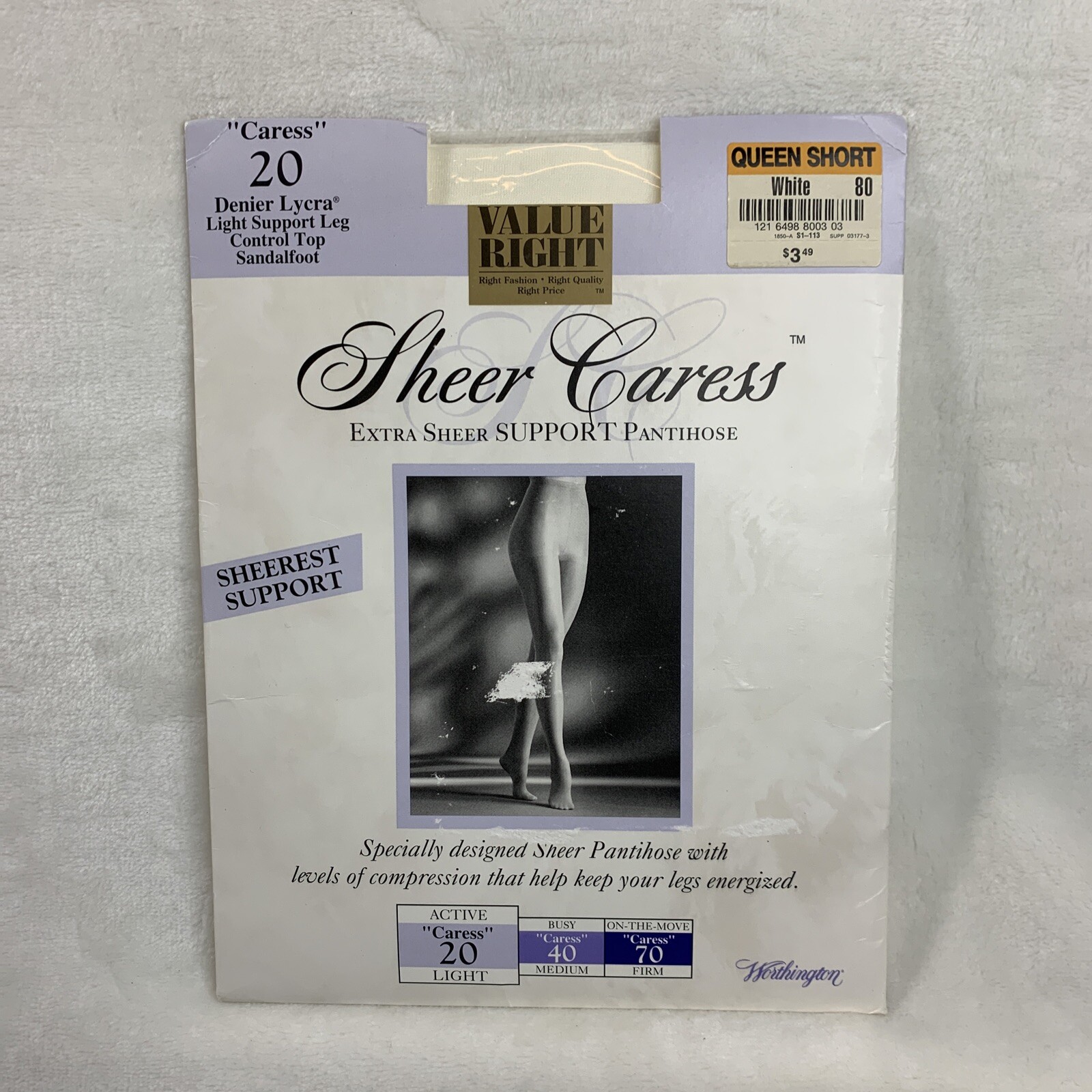 Vtg Worthington Extra Sheer Caress Queen Short White Active 20 Light Pantyhose