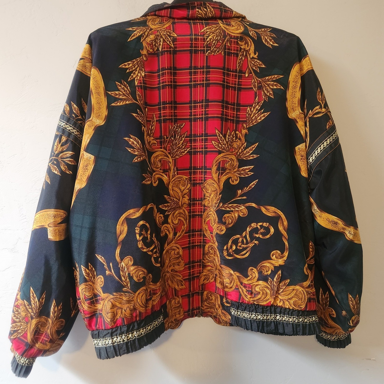 Vintage Giacca Sport Jacket Medium Black Gold Plaid Baroque Puffer Zip Up Plaid