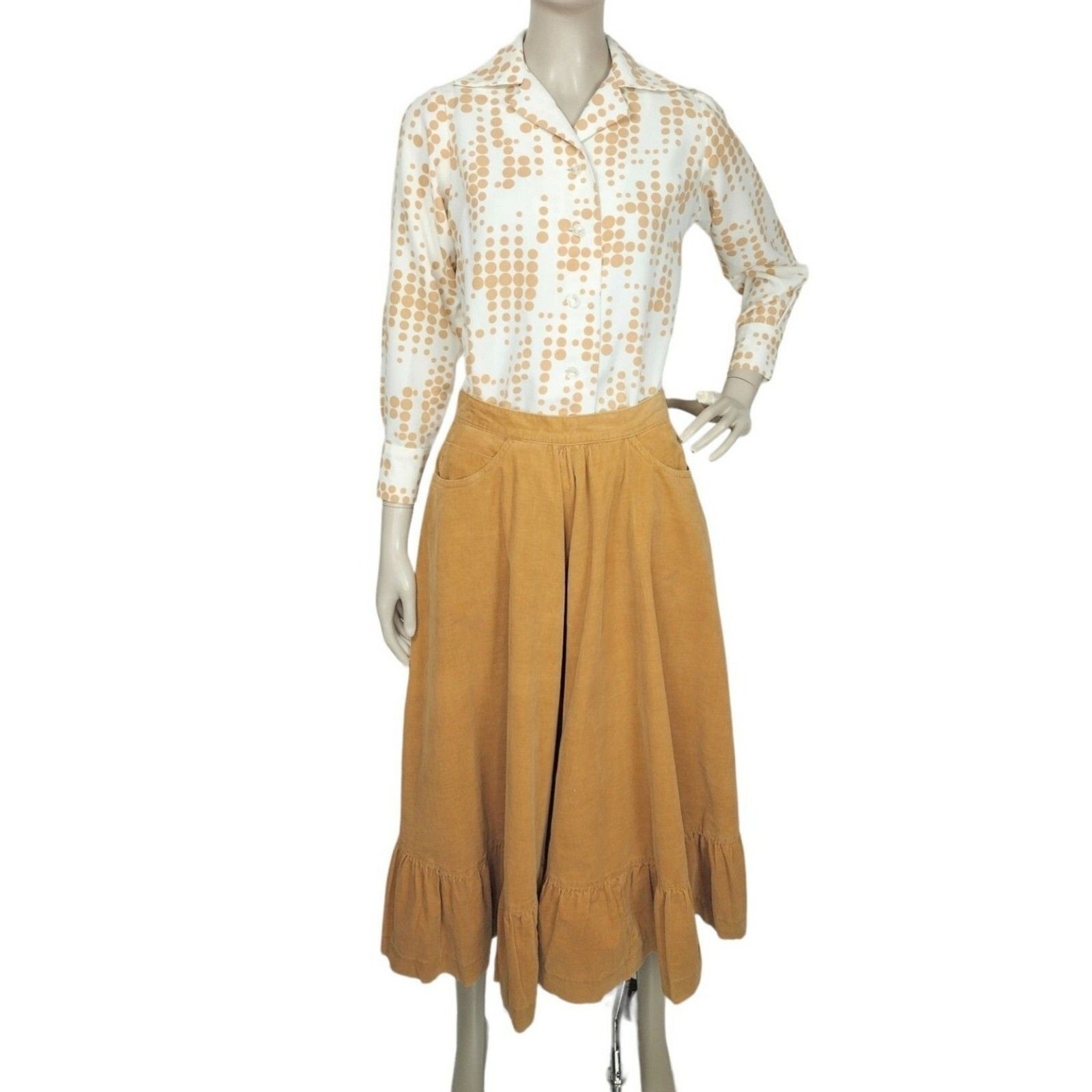 Vintage White Tan Polka Dot 60’s 70’s Button-Down Shirt Size XS/S/M