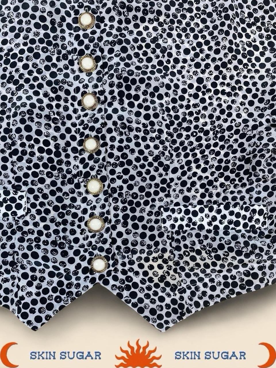 Vintage 80s Women’s Black White Gold Polka Dot Button Up Crop Blouse Retro Chic