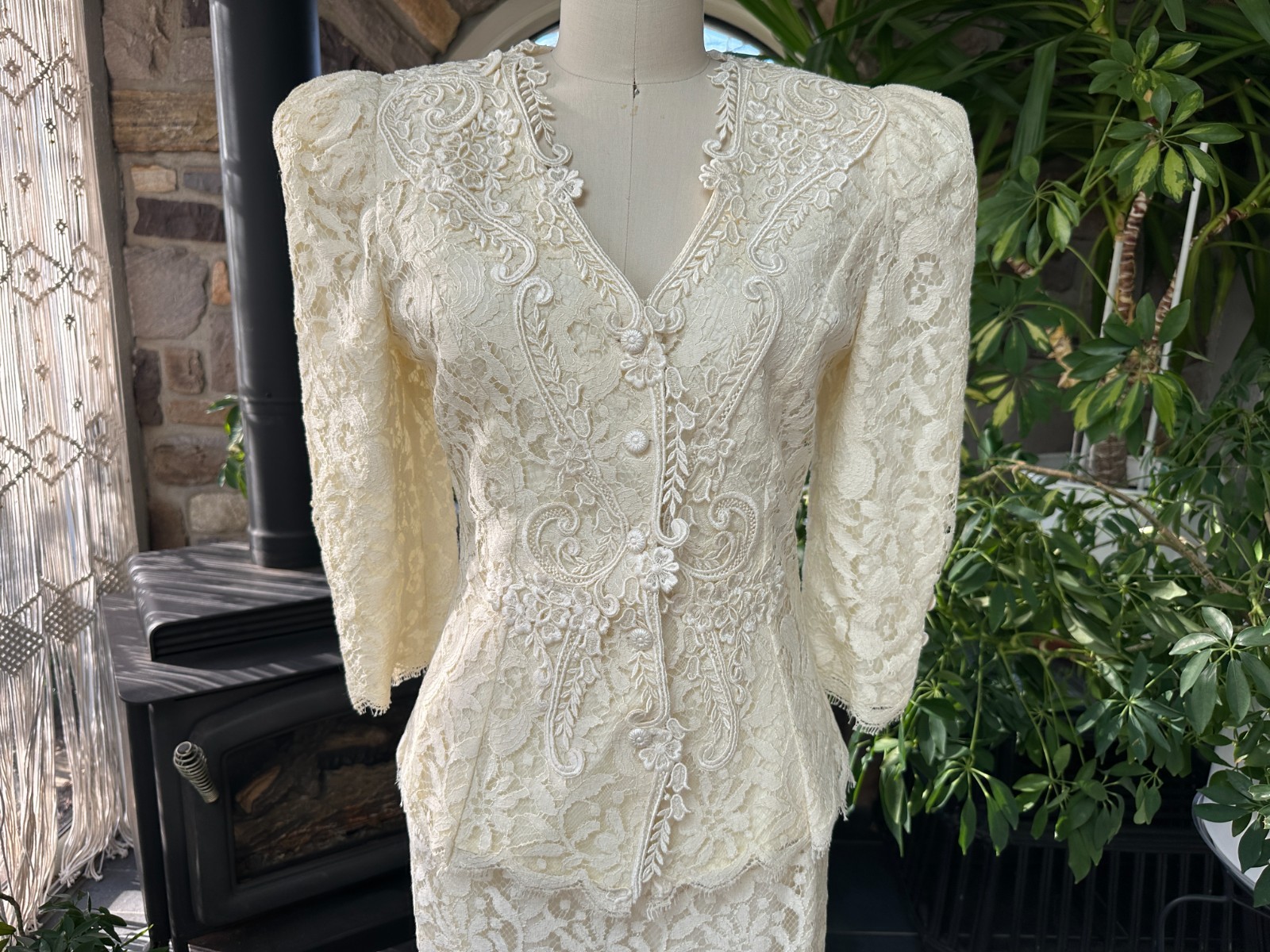 Vintage 1980s Greg Adams Formal 2 Piece Ivory Lace Bridal Wedding Suit