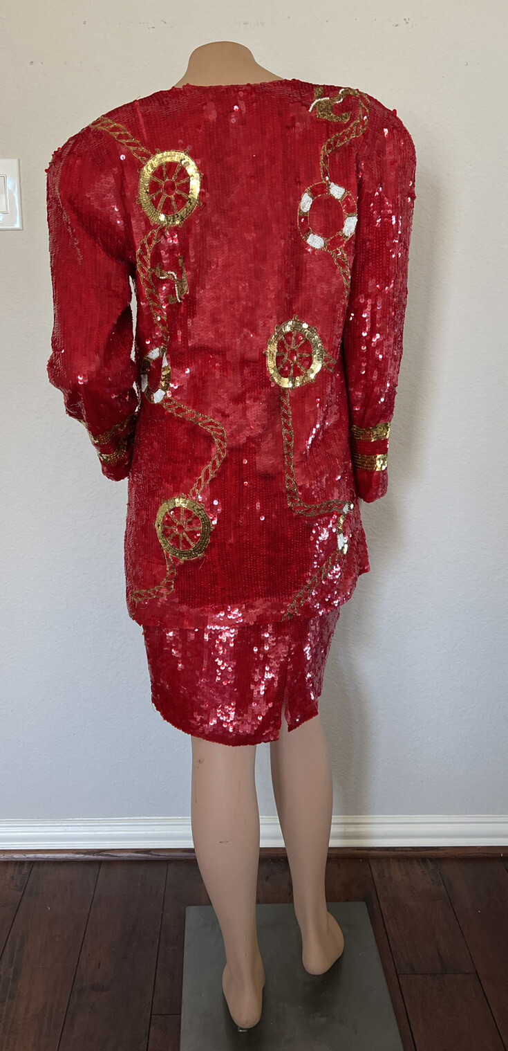 MODI Red Silk Sequin Beaded Double Breasted Nautical Anchor Jacket Skirt Set 6-8