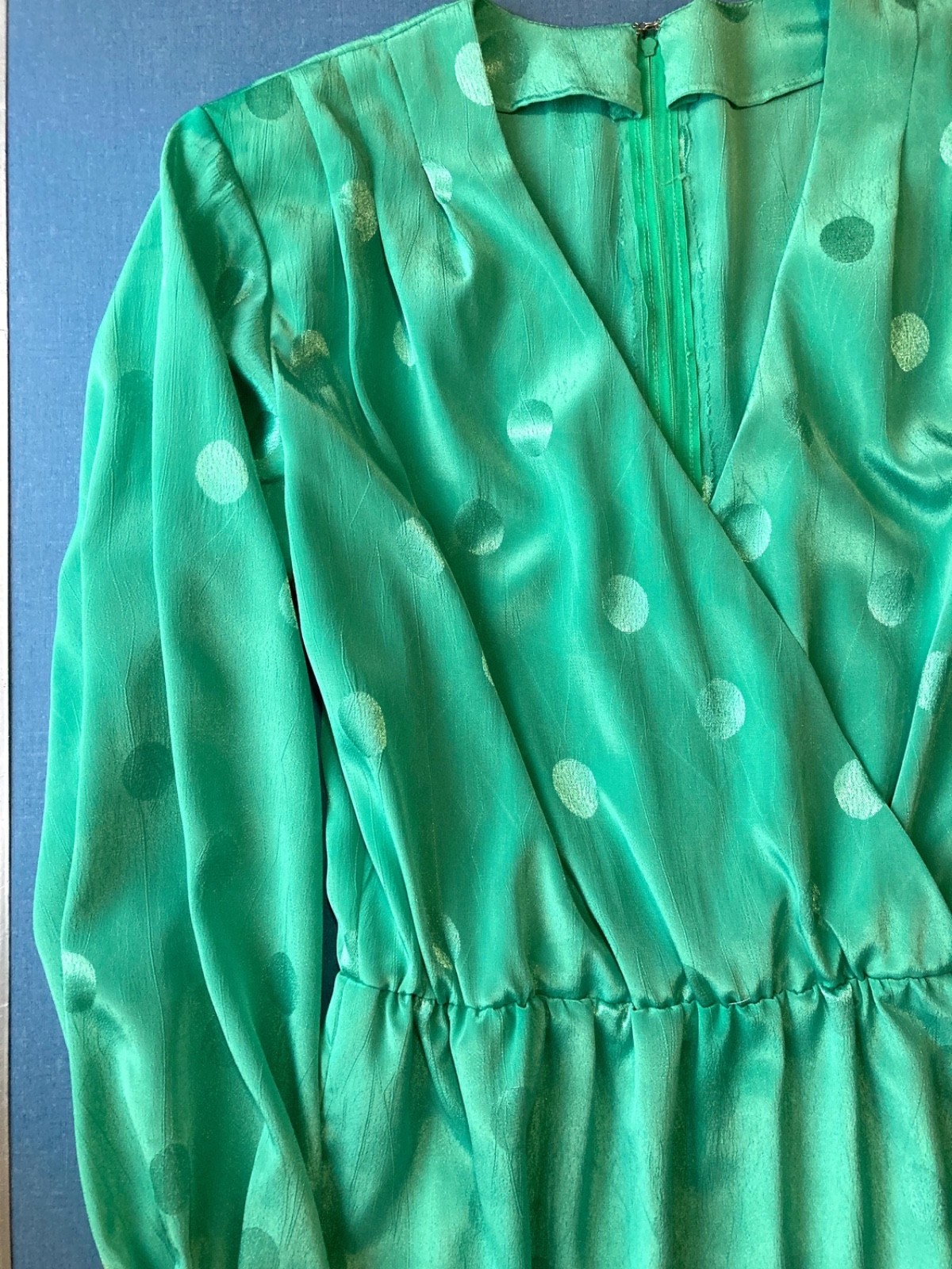 Vintage 80s Polka Dot Secretary Midi Dress, Green, Small, 39″ Chest