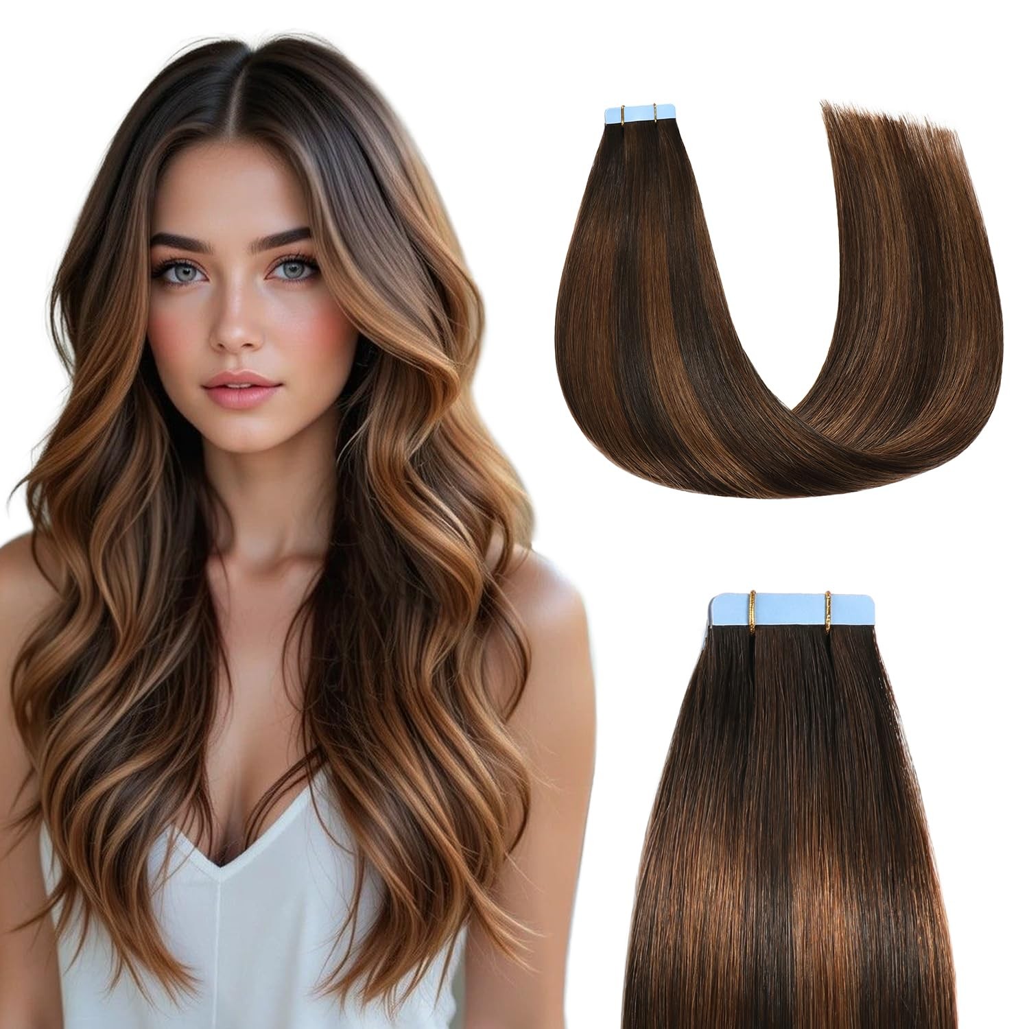 Sunya Tape in Hair Extensions Human Hair Balayage Dark Brown to Chestnut Brown 1