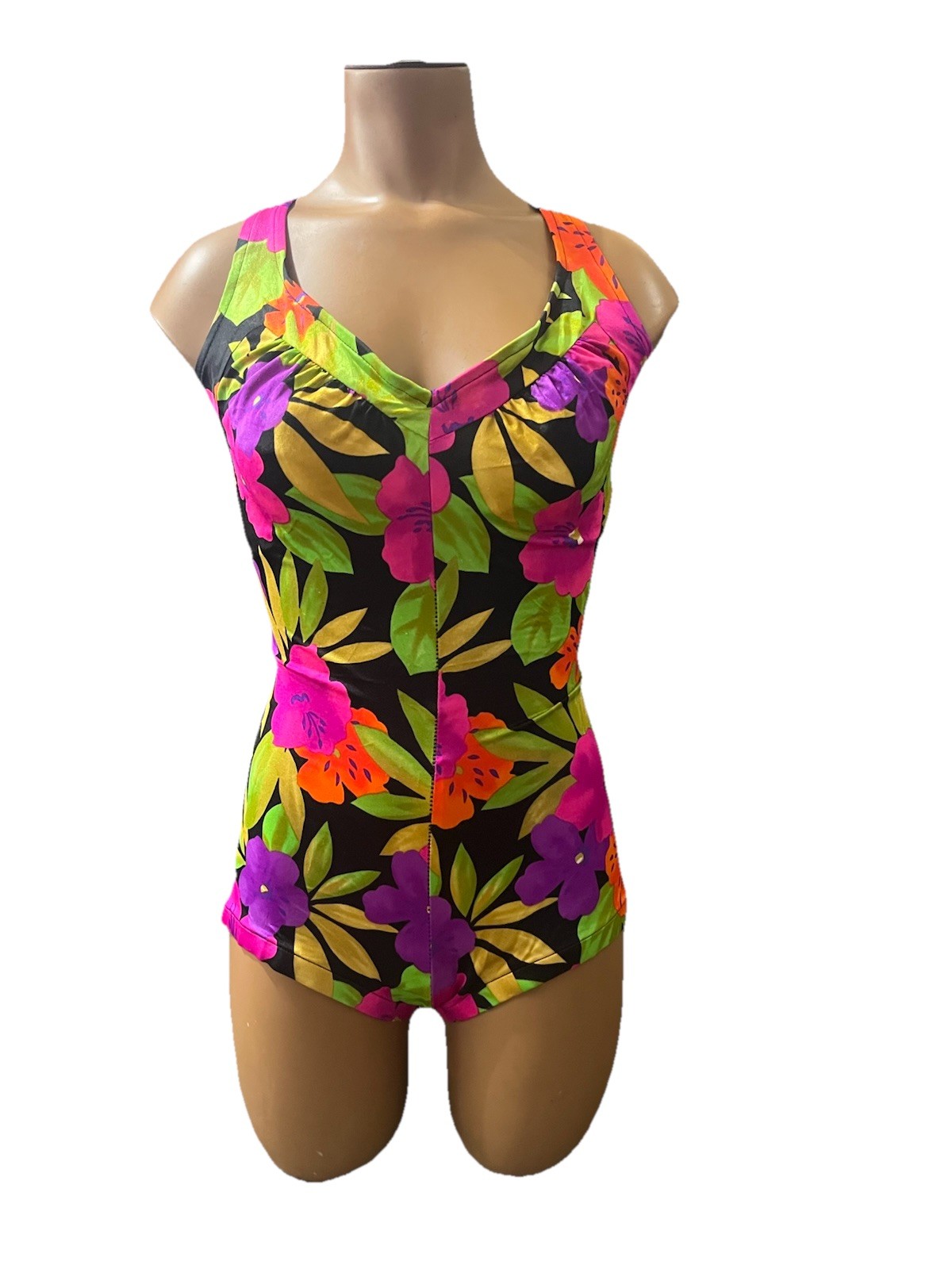 Vtg 90s Tropical Floral Swimsuit – Neon Pink Purple Orange – AS IS PROJECT