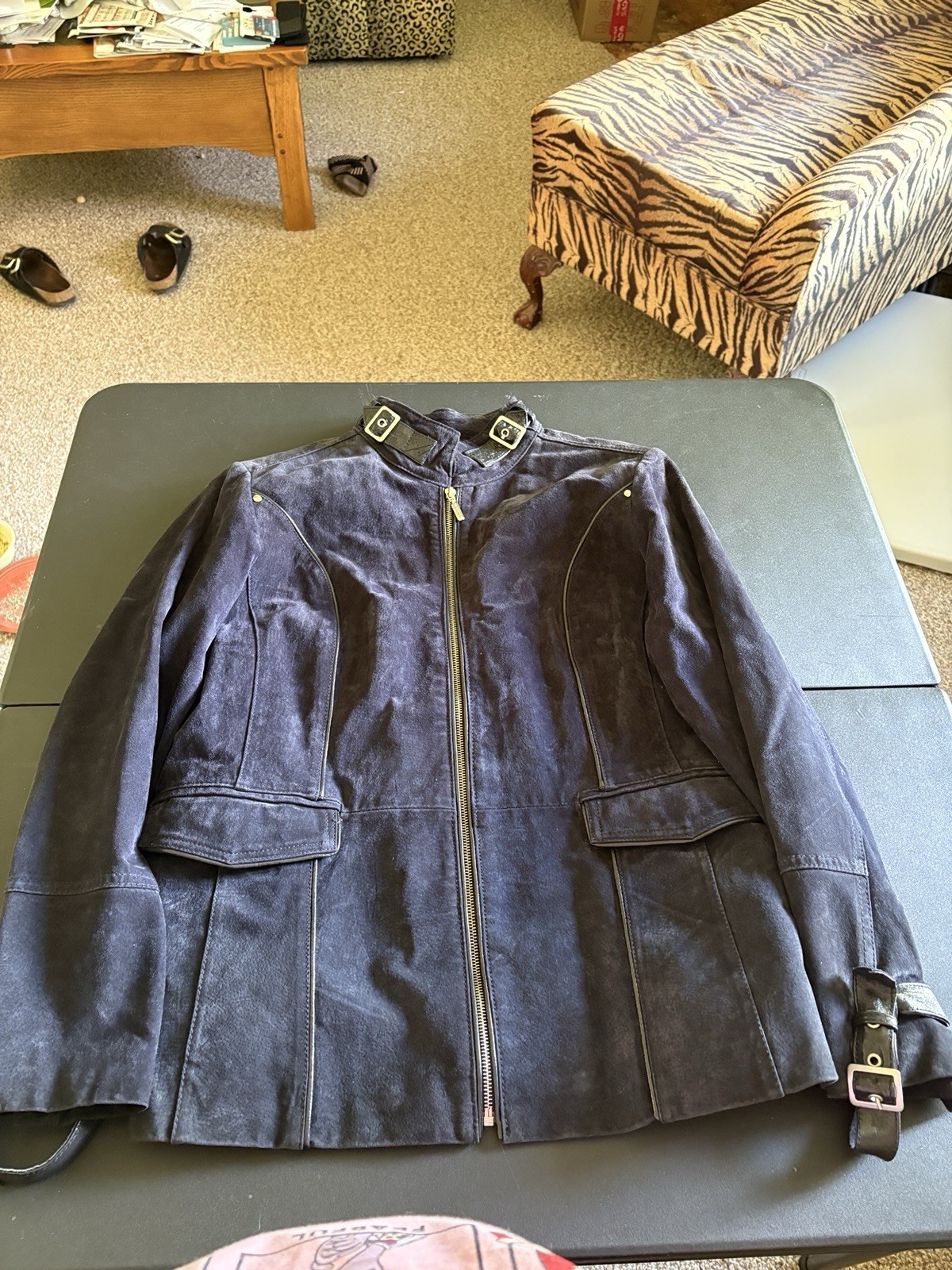 Vintage Bradley Bayou Navy Blue Suede Leather Jacket Plus Size 1X Zipper