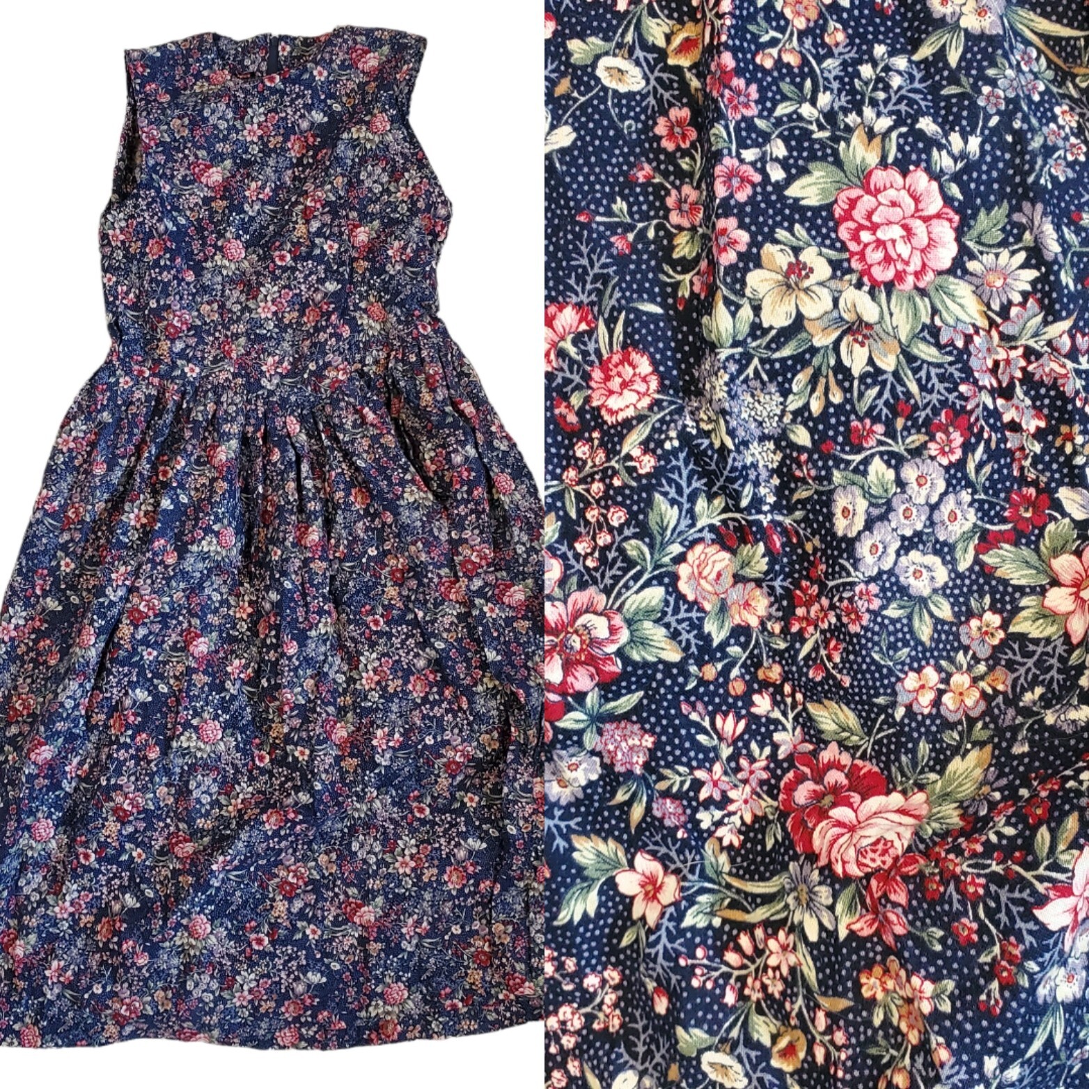 Vintage Prairie Dress XS Ditsy Floral Midi Navy Blue Sleeveless Cottage Core
