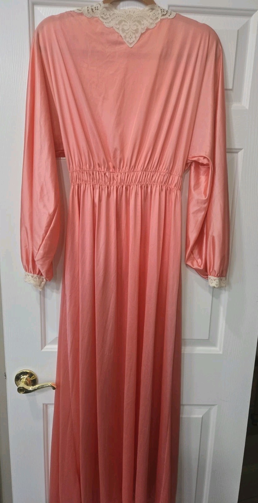 VTG 80s Miss Elaine Dark Peach Nylon Long Robe Elastic Waist Lace Trim Sz L EUC