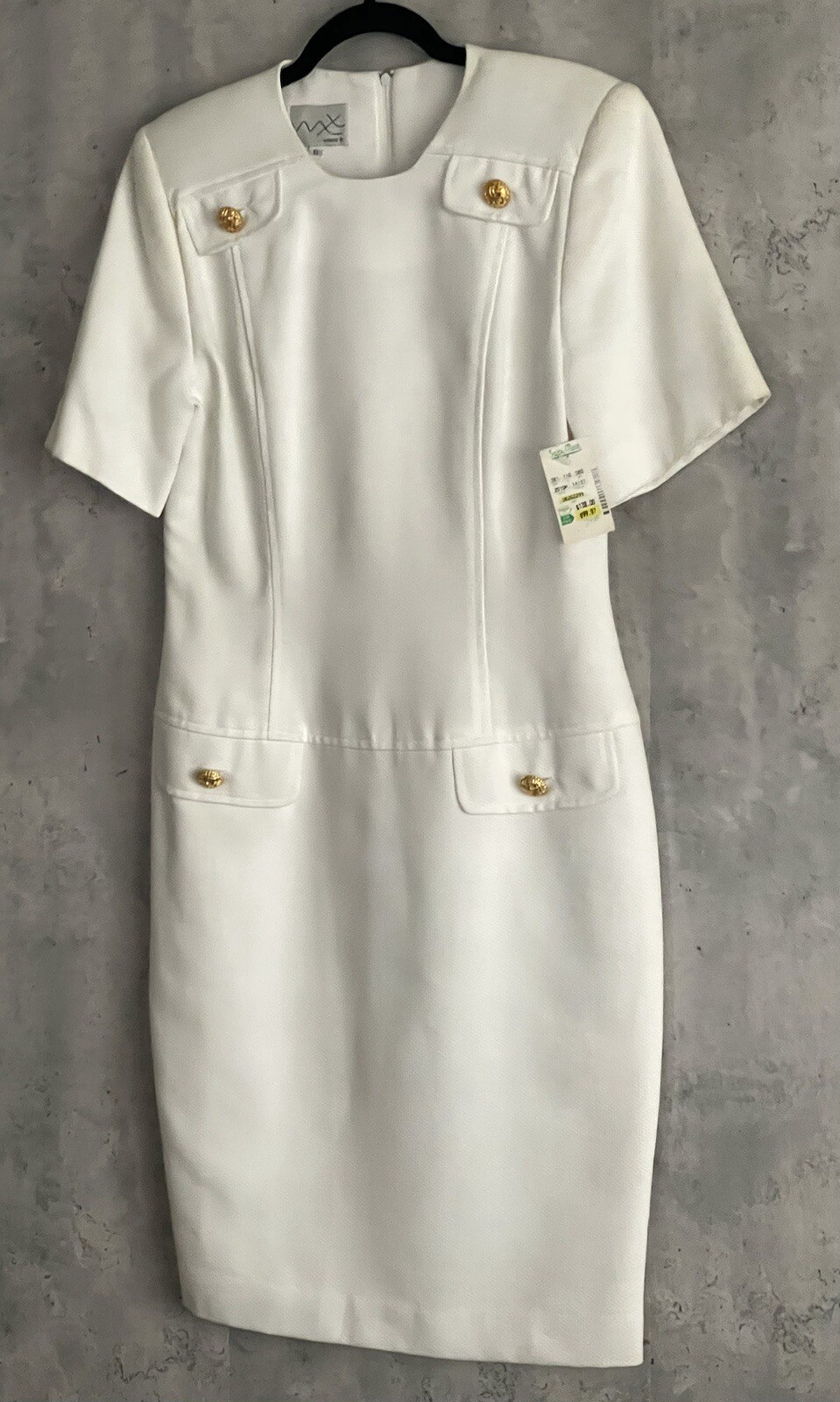 NWT’s Vintage MODE White Cotton Gold Color Button Accents Sheath Lined Dress Sz6