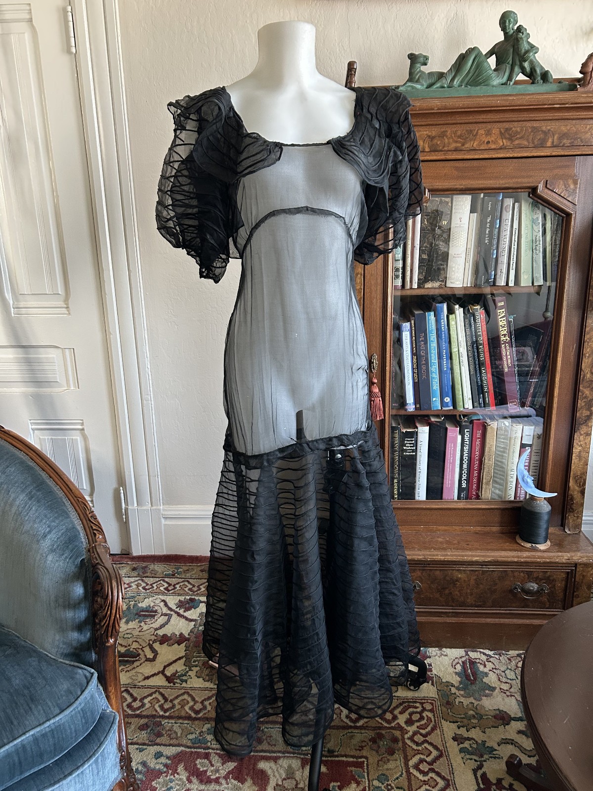 Vintage 1930s Sheer Black Mesh Net Gown Dress Bolero Set Bias Cut Deco Maxi S/M