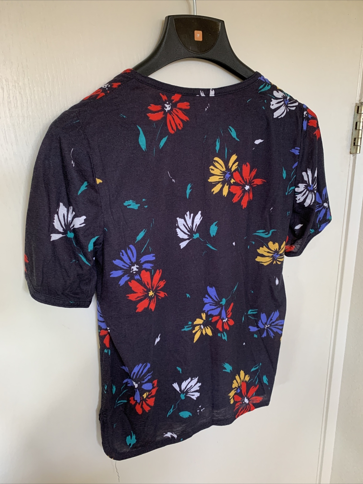 Knit Vintage 1970’s Multi Color Flowers Tassel V Neck Women’s Black Shirt Sz L