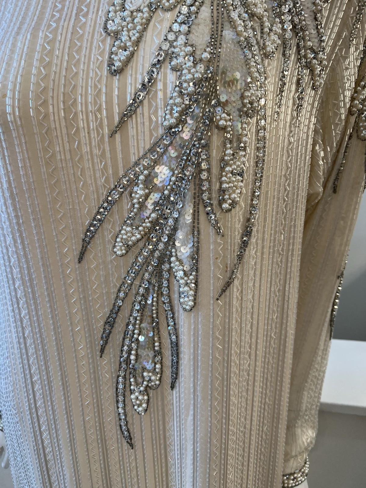 1980s BOB MACKIE Cream & Silver Beaded Silk Evening Dress Size 12