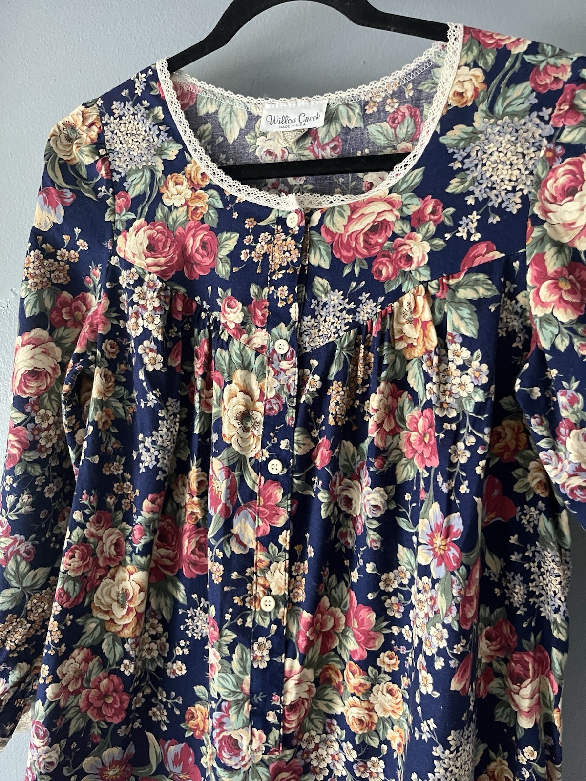 Vintage Prairie Dress Sz S Navy Blue Floral Laced Ruffled Willow Creek Cottage