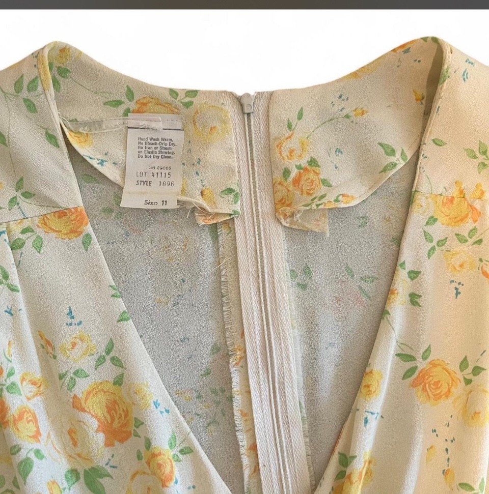 Vintage 60s 70s Floral Midi Cottagecore Dress Cream Yellow XS