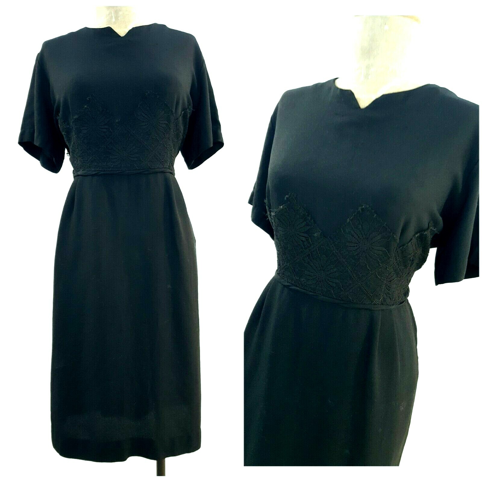 Mynette Rayon Pinup Dress Size Medium Lace Trim Vintage 50s Rockabilly