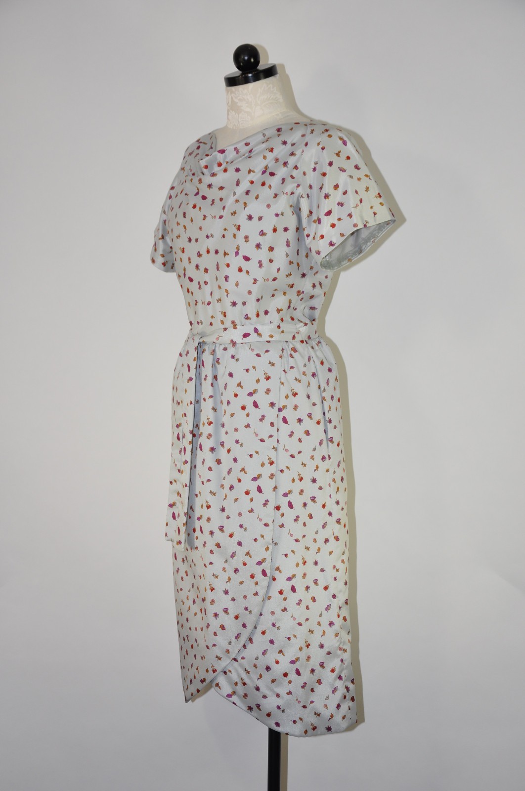 60s Vintage Silver Autumn Leaf Print Faux Wrap Cocktail Pencil Dress Women S M