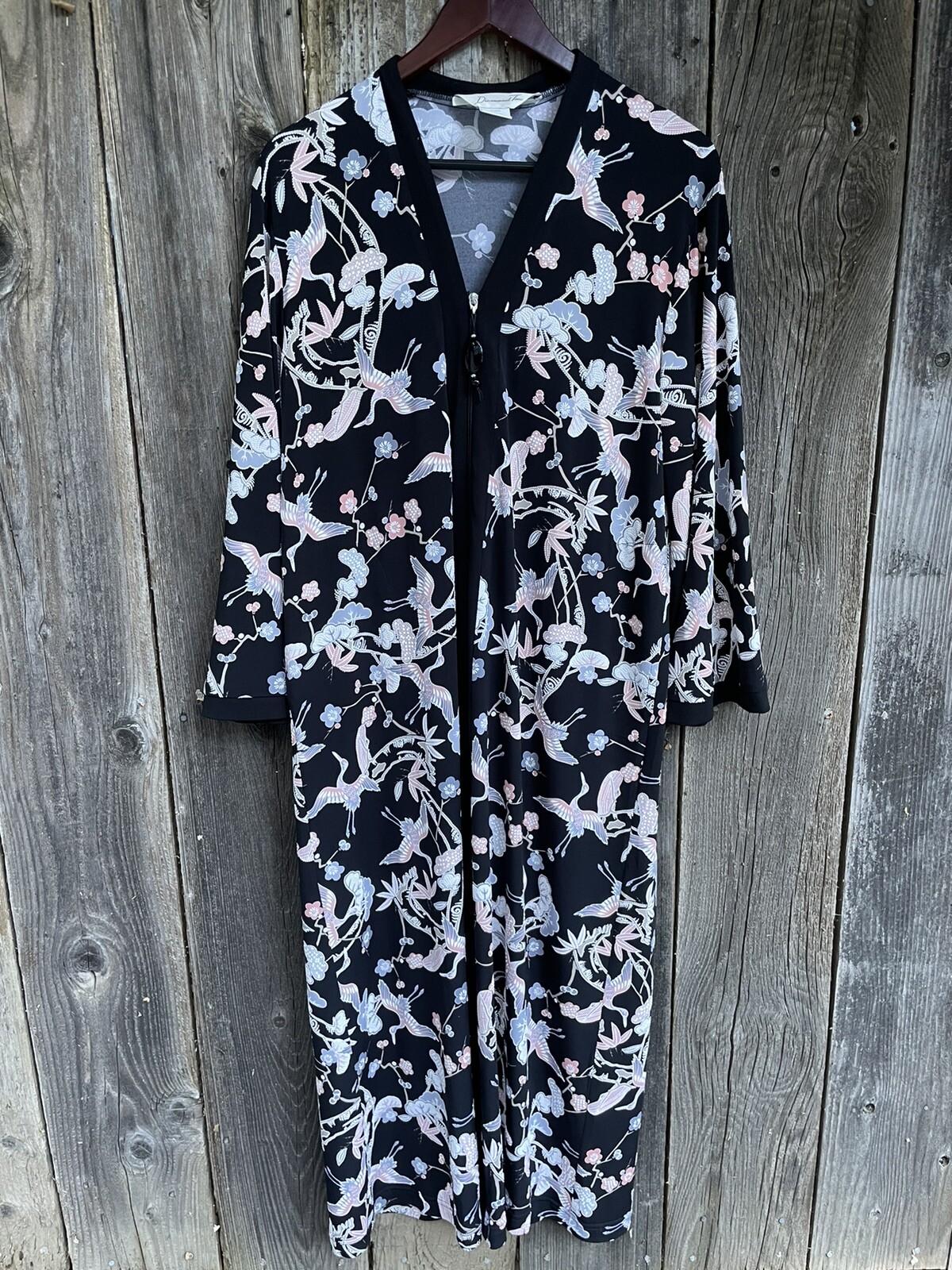 Diamond Tea Robe Kaftan House Coat Dress L Large Canada Cranes Embossed Black