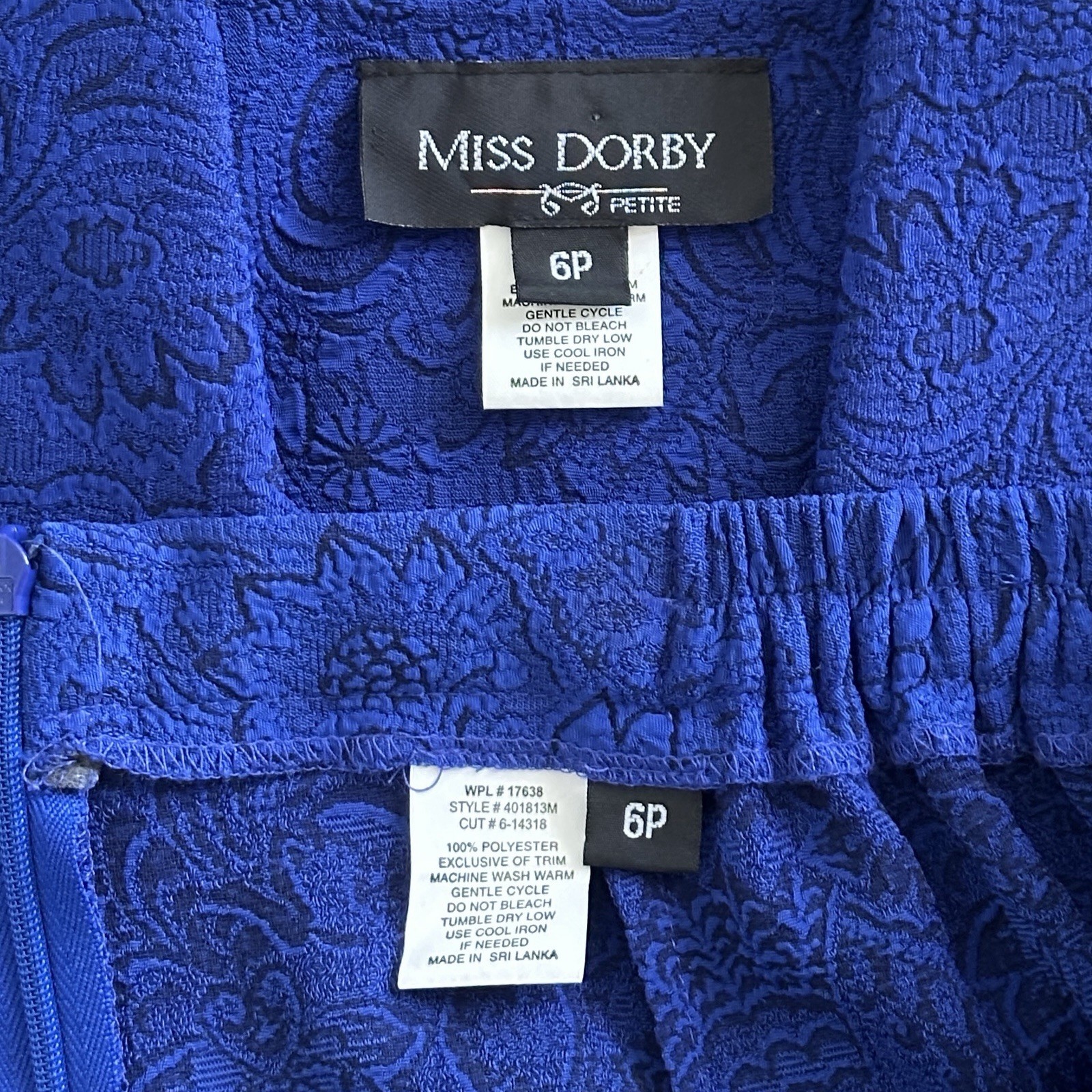 VTG Miss Dorby 2Pc Skirt Suit Set 6P Royal Blue Floral Jacquard Ruffle Coquett