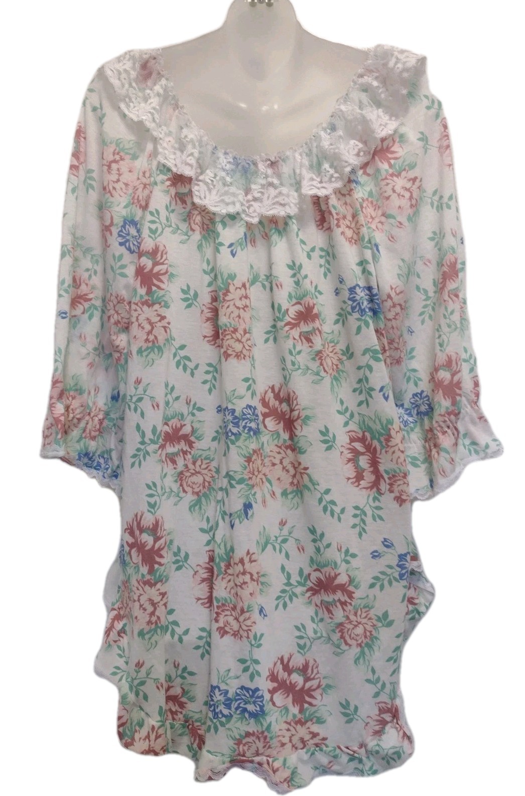 Vintage 60s 70s Floral Babydoll Nightgown Lace Trim Brushed Poly Cottagecore M/L