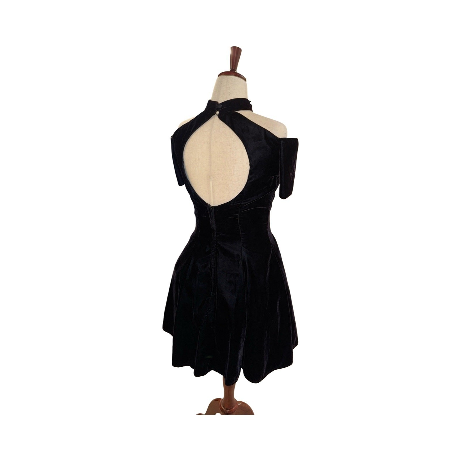 Vintage 90s L.A. Glo Velvet Mini Dress Women Black Beaded Lace Open Back 9/10