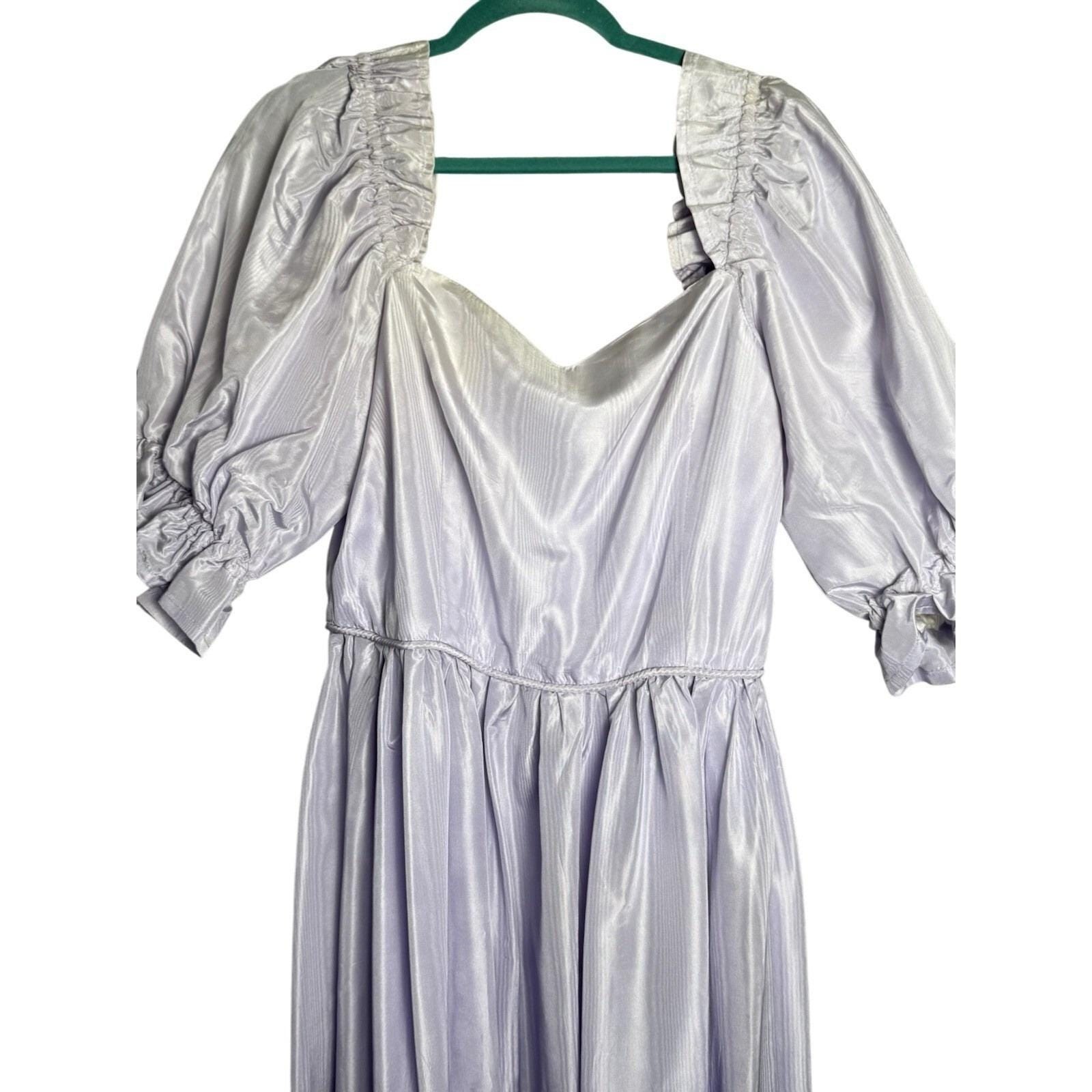 Vintage 70s Lavender Purple Fairy Princess Maxi Long Dress Satin Puff Sleeve MED