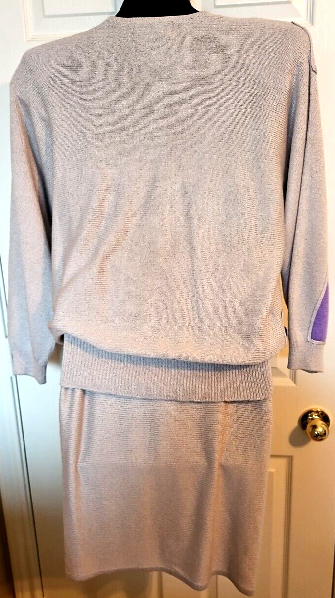 VTG Tomatis De Renee Lombardi Lrg Gray Purple Color Block Knit Sweater Skirt Set