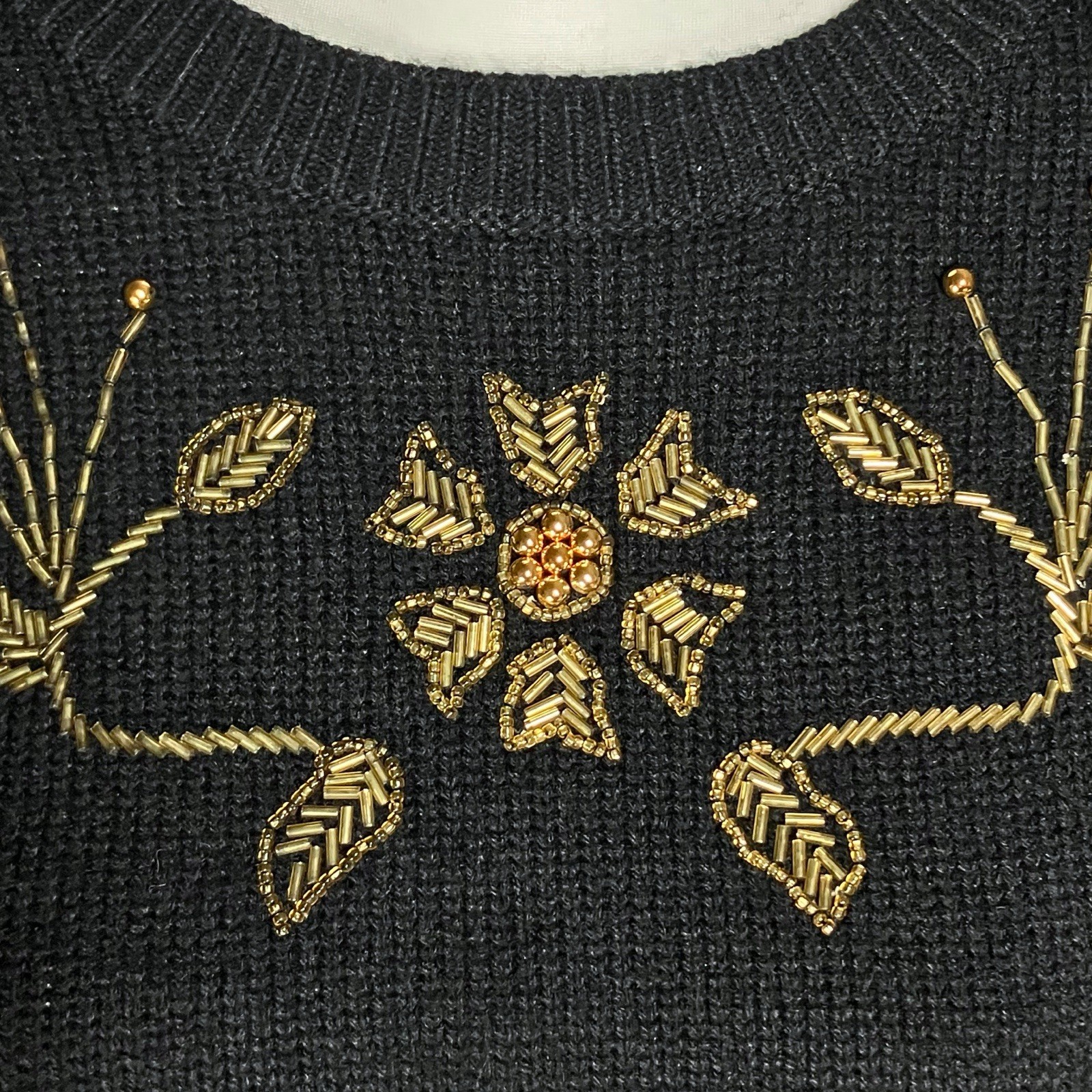 Vintage 90s Black Russ Sweater with Gold Floral Beading. S/M. Retro, Maximalism