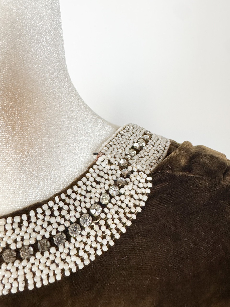 1920s Brown Silk Velvet Rhinestone Bow Flapper Dress