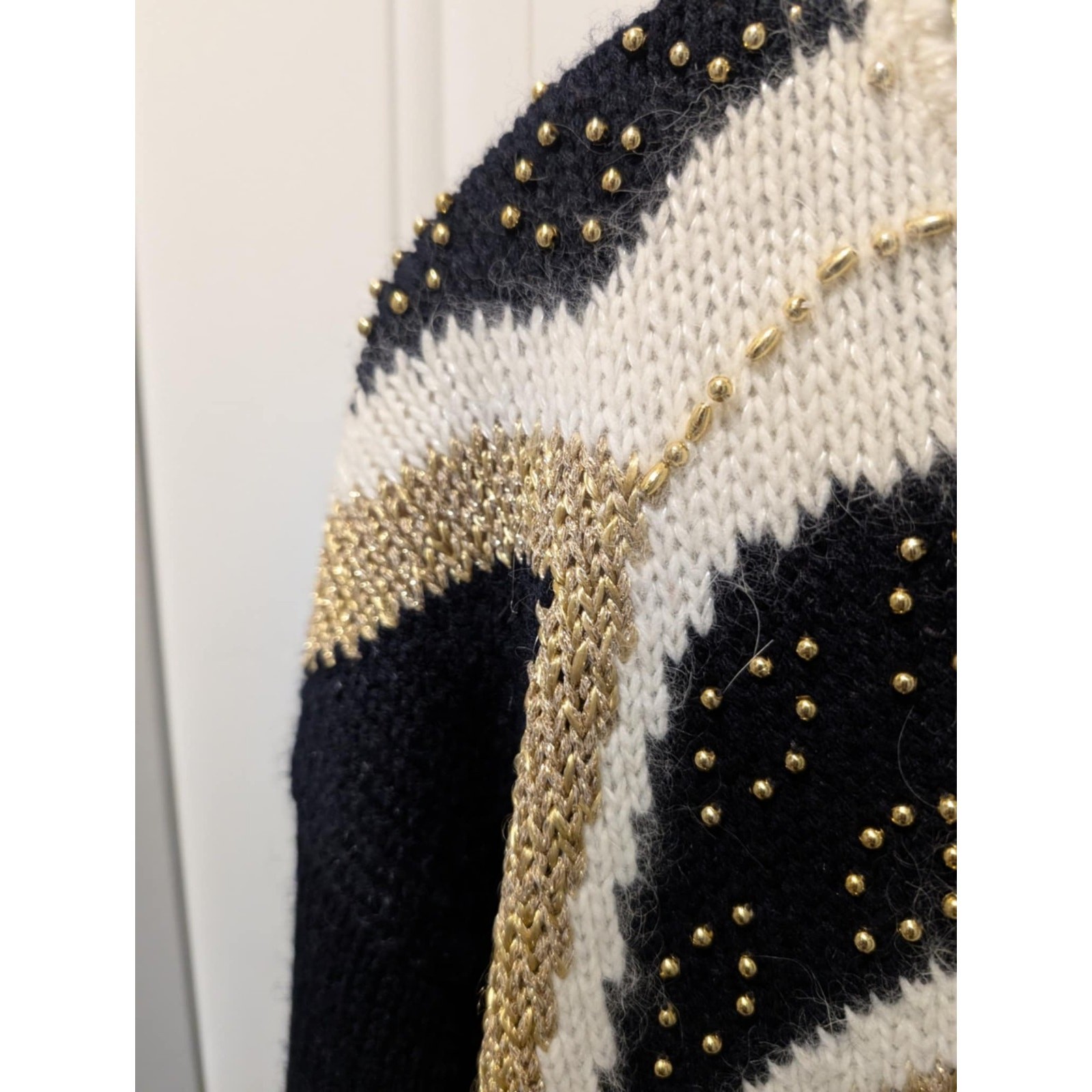Vintage Dana Scott Womens L Sweater Black & Cream Gold Beads Party Holiday
