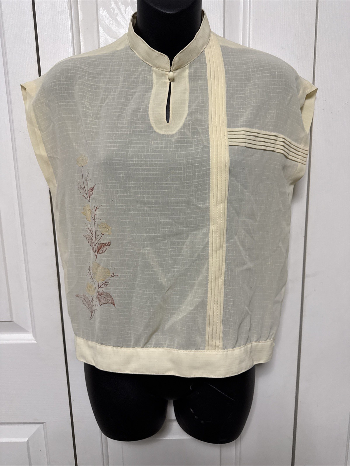 Vintage Hand-Sewn Sheer Blouse Mandarin Collar Floral Motif Artisan Made S/M
