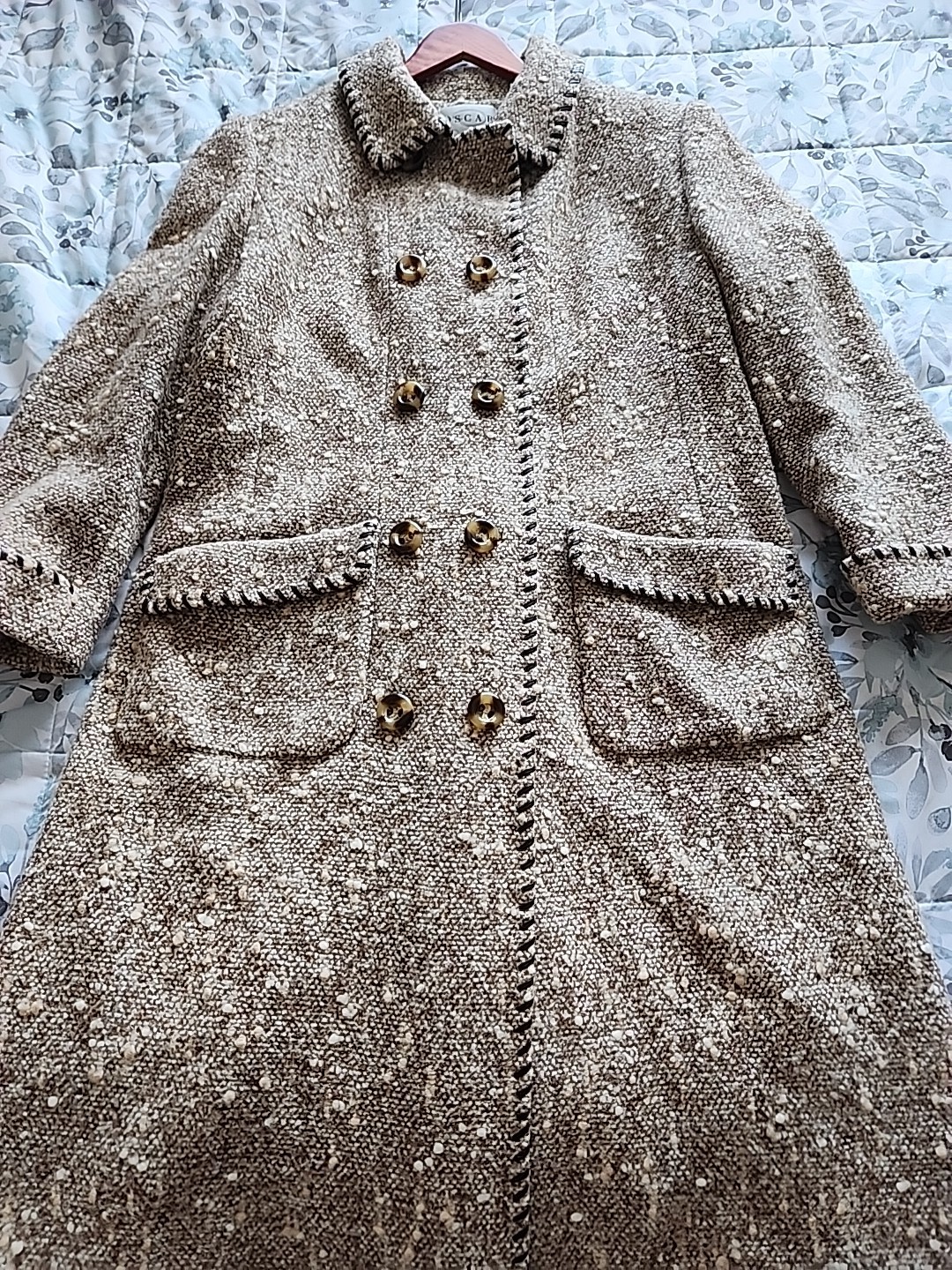 Vintage Oscar de la Renta Wool Tweed Coat Double Breasted Belted Back