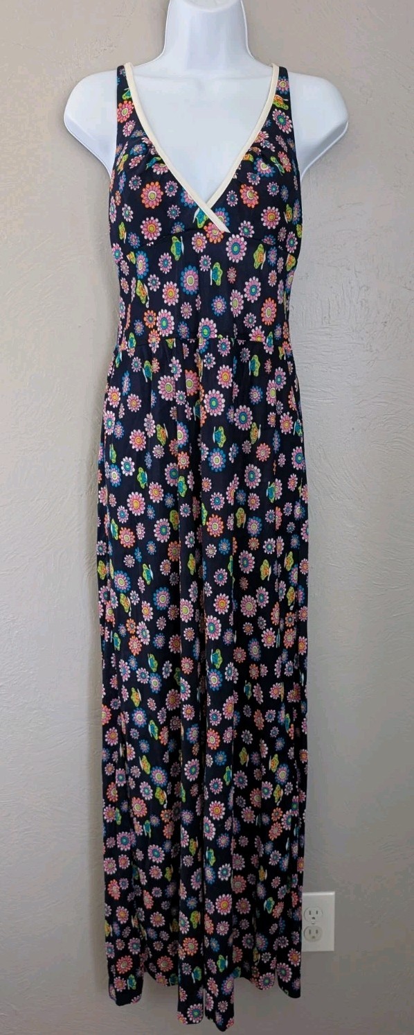 VTG Psychodelic Floral Halter Maxi Dress Size Small 60s 70s Hippie Boho Resort