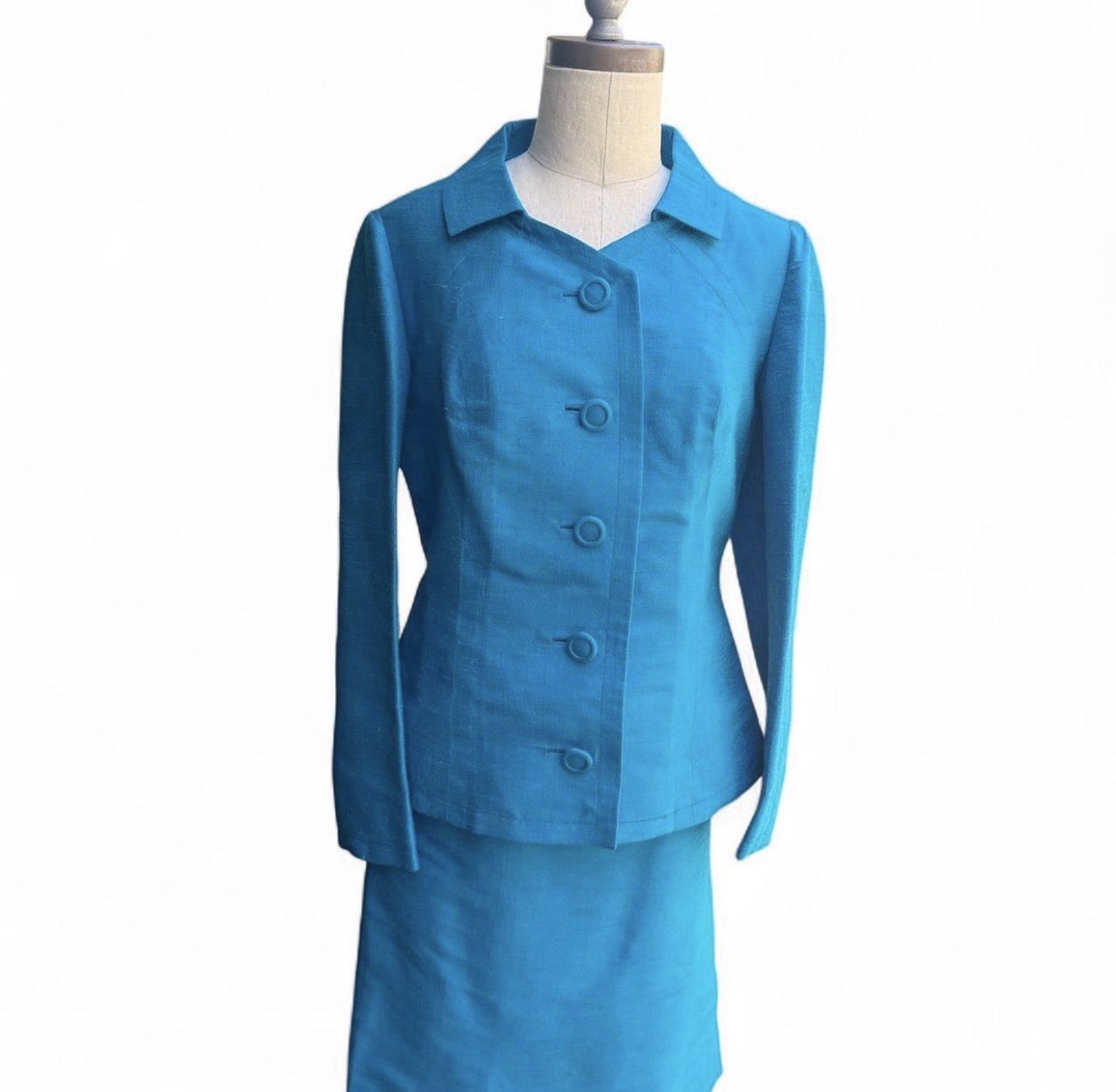 Vintage Raw Silk Hong Kong Blue Skirt Suit Satin Lined 60’s Hand Tailored Lined