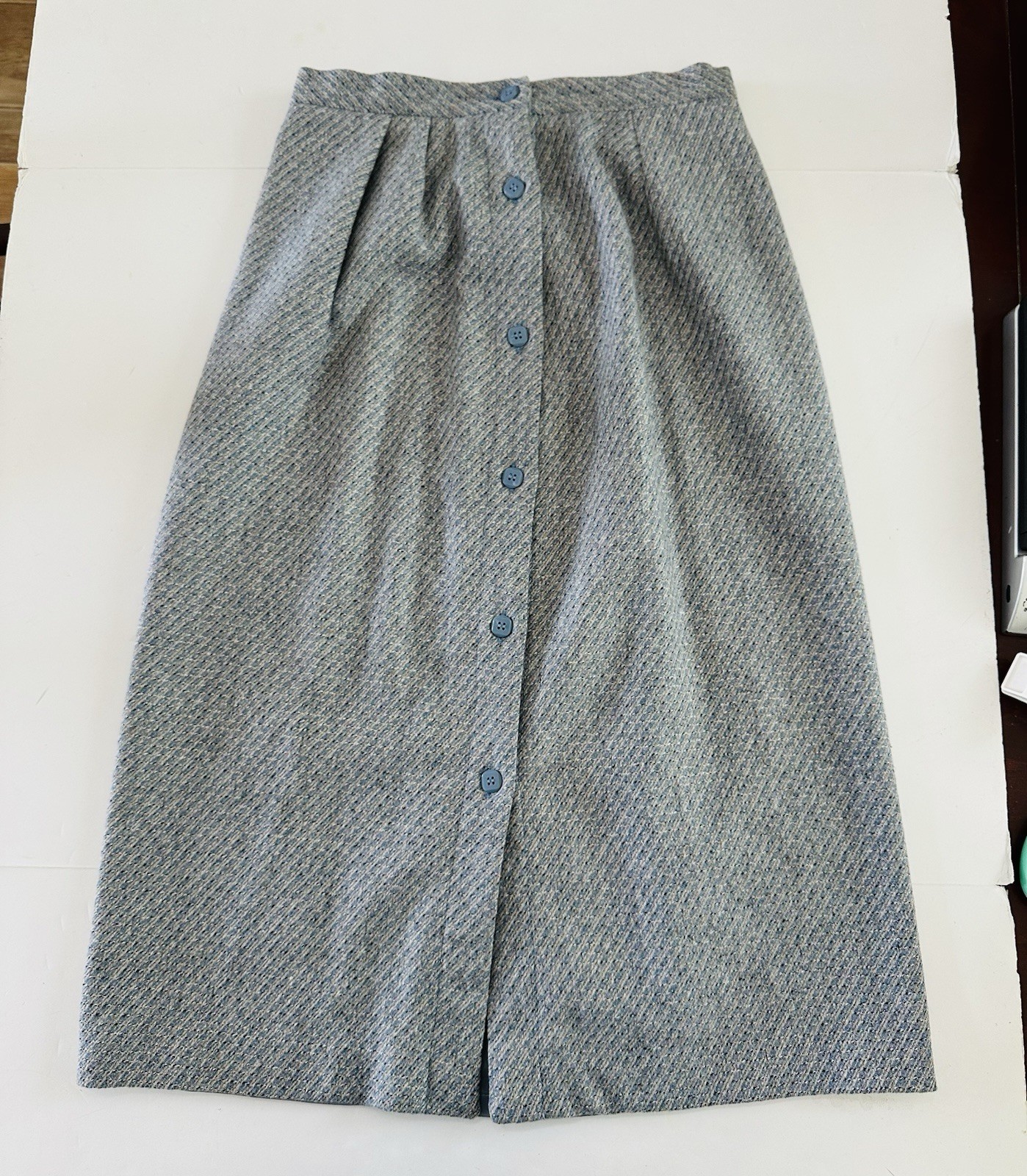 Vintage Edwin Scott Wool Pleated Midi Blue Gray Skirt size 8