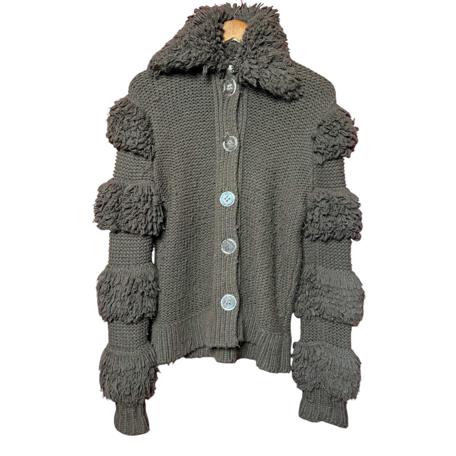 VTG Rochelle California Brown Knit Fringe Cardigan Sweater Penny Wise Clowncore