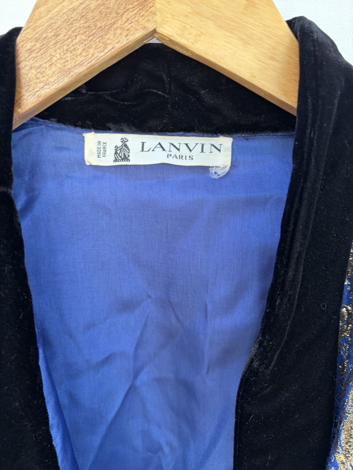 Lanvin Jacket Vintage Blue Gold Lame Floral Brocade Black Velvet Collar 1980s