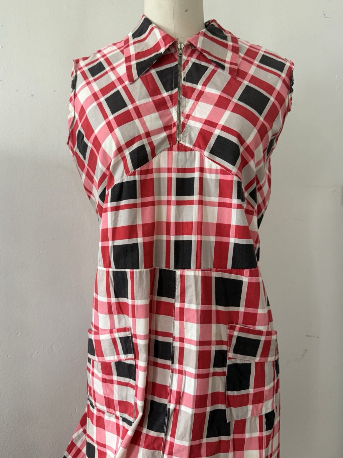 30s Glazed Cotton Plaid Pointed Collar 1/4 Zip Halter Dress Midi Sportswear S/M