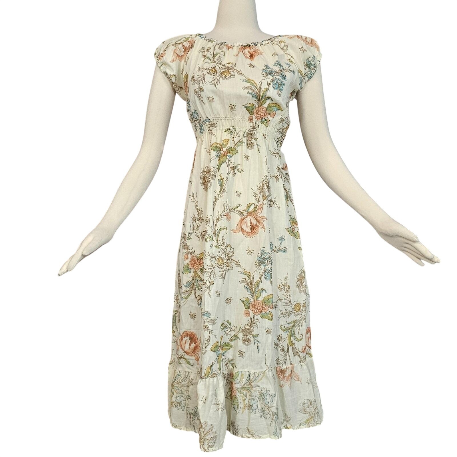 Vintage 1970s Dress Creamy Colored Floral Print Blue Green Ruffled Hemline Cap