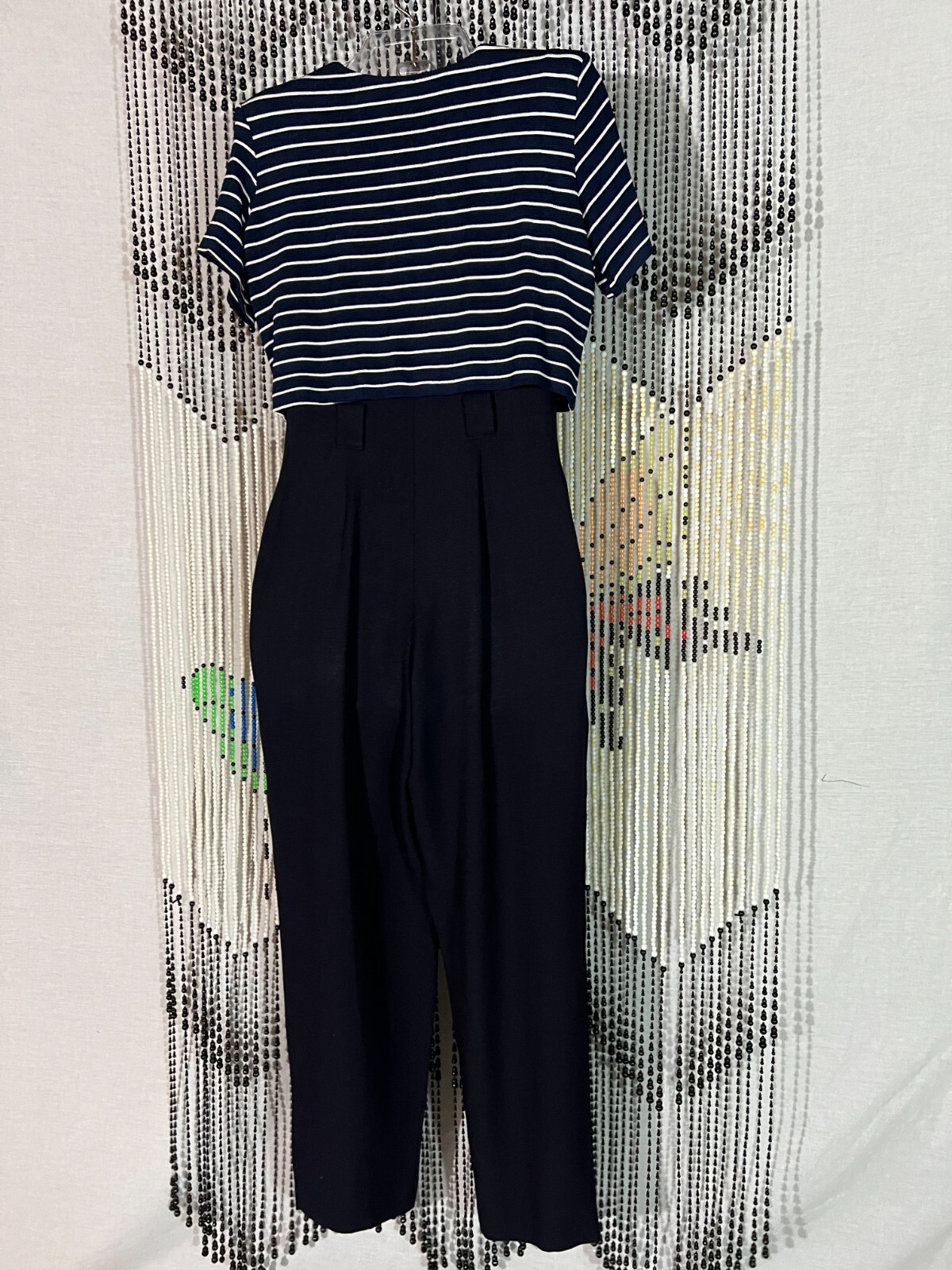VTG 80s MENU Jumpsuit Navy Blue Attached White Striped Cropped Jacket Disco SZ 6